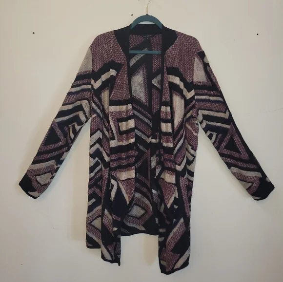 Lucky Brand Geometric Patterned Cardigan - Black, Purple, Cream - Picture 1 of 3